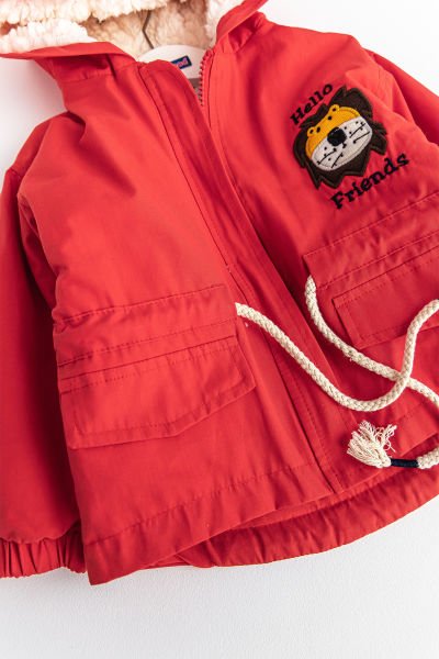 Aslan Figürlü Kırmızı İçi Peluş Erkek Bebek Mont