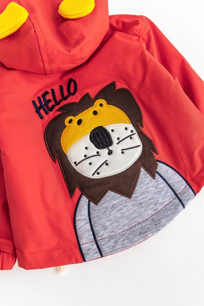 Aslan Figürlü Kırmızı İçi Peluş Erkek Bebek Mont