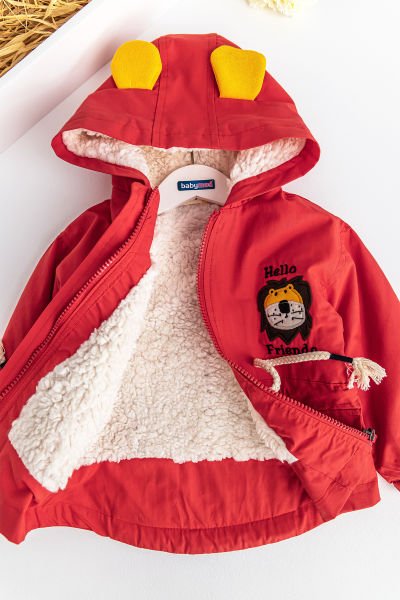 Aslan Figürlü Kırmızı İçi Peluş Erkek Bebek Mont