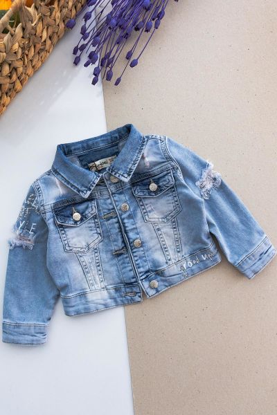 Eskitme Taş İşlemeli Kız Bebek Kot Ceket