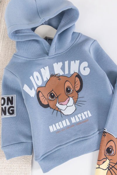 Aslan Figürlü Kapüşonlu İçi Pamuklu Erkek Bebek Takım MAVİ -  6-9 AY