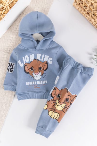 Aslan Figürlü Kapüşonlu İçi Pamuklu Erkek Bebek Takım MAVİ -  6-9 AY