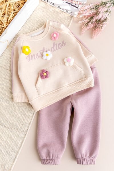 İki İplik Şardonlu Pamuklu 2'li Kız Bebek/Çocuk Takım Set