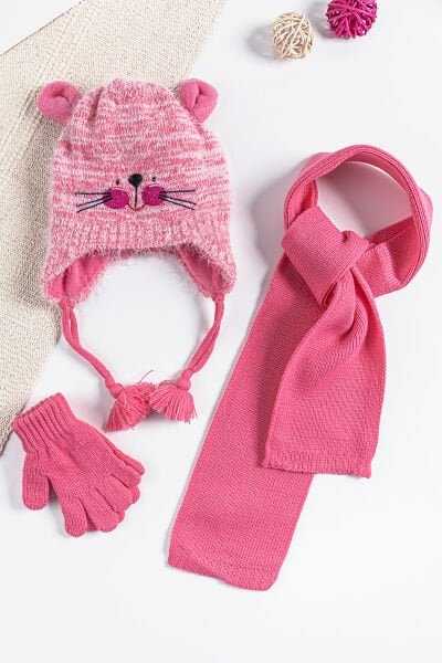 Tavşan Figürlü 1-4 Yaş Kız Çocuk Atkı Bere Eldiven Takımı PEMBE - 1-4 Yaş