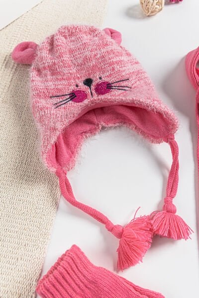 Tavşan Figürlü 1-4 Yaş Kız Çocuk Atkı Bere Eldiven Takımı PEMBE - 1-4 Yaş