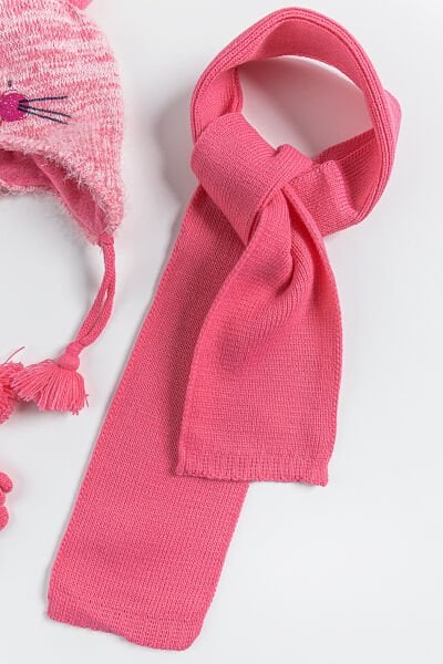 Tavşan Figürlü 1-4 Yaş Kız Çocuk Atkı Bere Eldiven Takımı PEMBE - 1-4 Yaş