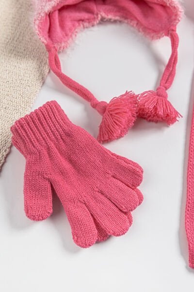 Tavşan Figürlü 1-4 Yaş Kız Çocuk Atkı Bere Eldiven Takımı PEMBE - 1-4 Yaş
