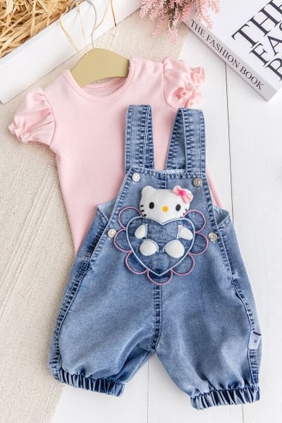 Oyuncak Kedili Kalp Desenli Denim Yazlık Kız Bebek Kot Salopet Tulum Takım
