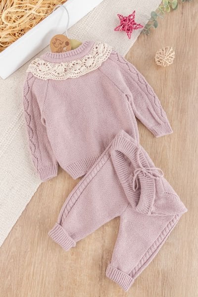 Dantel Yakalı Triko Kız Bebek Hırka Pantolon Takım Triko Bebek Seti Gülkurusu - 3 Ay