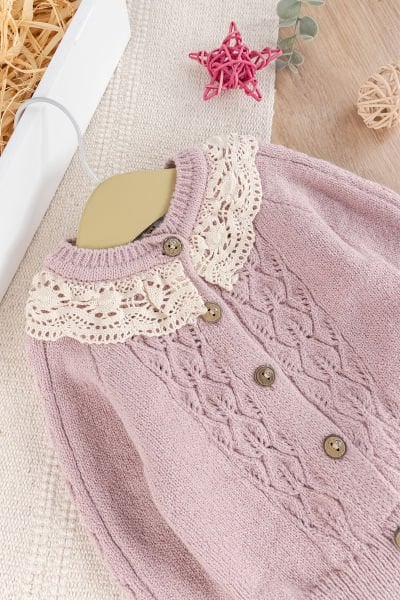 Dantel Yakalı Triko Kız Bebek Hırka Pantolon Takım Triko Bebek Seti Gülkurusu - 6 Ay