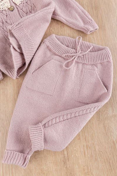 Dantel Yakalı Triko Kız Bebek Hırka Pantolon Takım Triko Bebek Seti Gülkurusu - 6 Ay