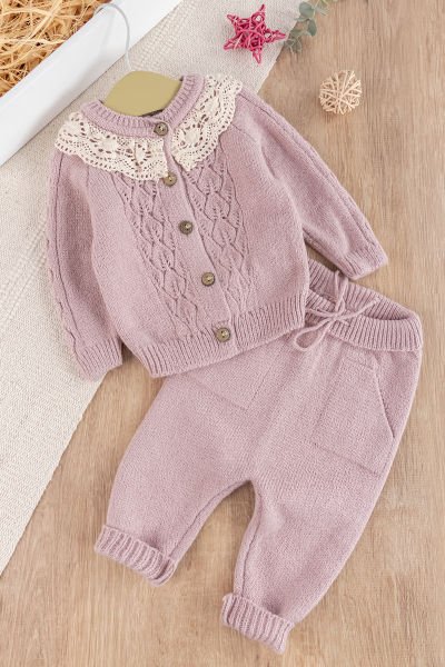 Dantel Yakalı Triko Kız Bebek Hırka Pantolon Takım Triko Bebek Seti Gülkurusu - 6 Ay