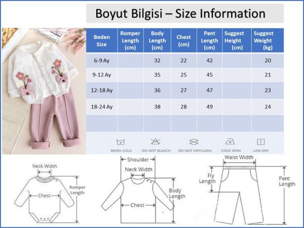 Kız Bebek Çocuk Hırkalı Üç İplik Şardonlu  Çiçek İşlemeli 100% Pamuk 3 lü Takım Set