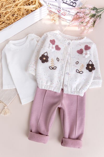 Kız Bebek Çocuk Hırkalı Üç İplik Şardonlu  Çiçek İşlemeli 100% Pamuk 3 lü Takım Set