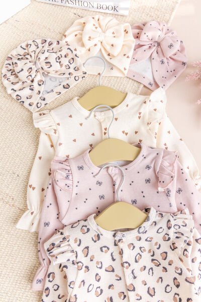 Üçlü 100% Pamuk Şapkalı Kız Bebek Tulum