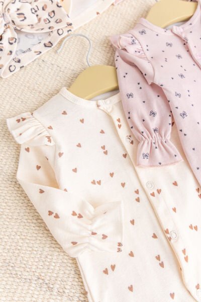 Üçlü 100% Pamuk Şapkalı Kız Bebek Tulum