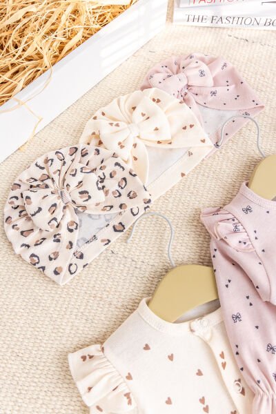 Üçlü 100% Pamuk Şapkalı Kız Bebek Tulum