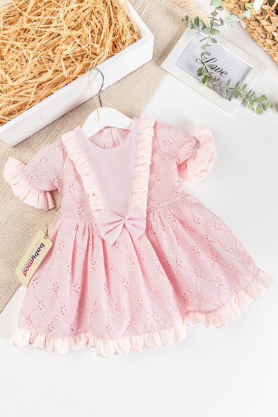 Fiyonklu Fırfırlı Kısa Kollu Kız Çocuk Krem Elbise PEMBE - 3 Yaş