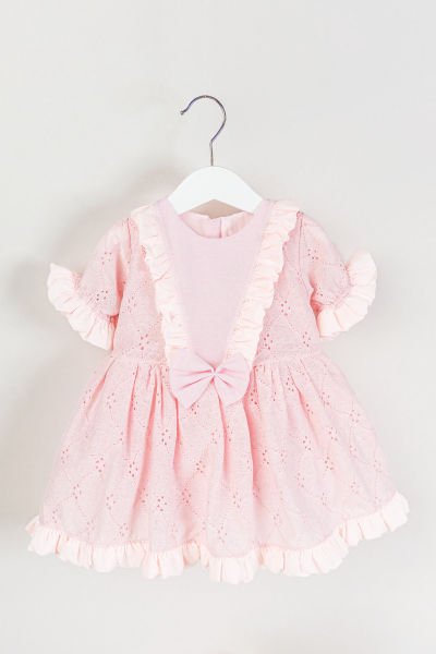 Fiyonklu Fırfırlı Kısa Kollu Kız Çocuk Krem Elbise PEMBE - 3 Yaş