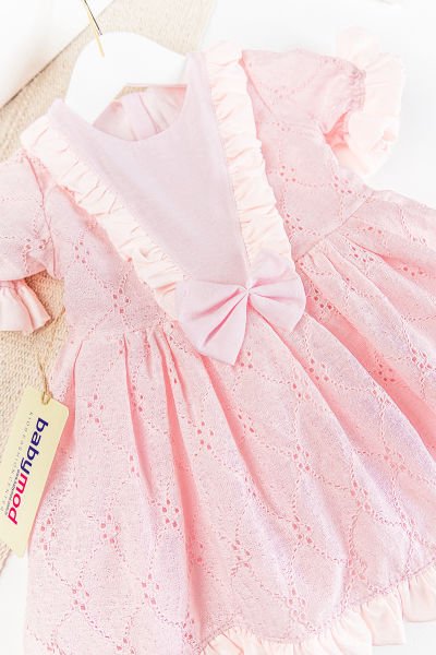 Fiyonklu Fırfırlı Kısa Kollu Kız Çocuk Krem Elbise PEMBE - 3 Yaş