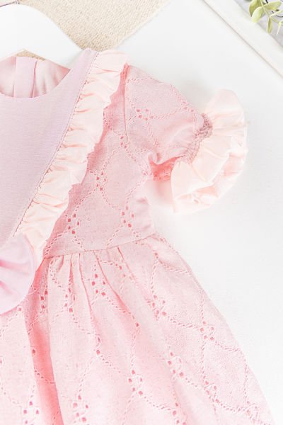 Fiyonklu Fırfırlı Kısa Kollu Kız Çocuk Krem Elbise PEMBE - 3 Yaş