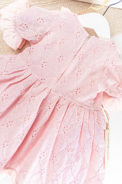 Fiyonklu Fırfırlı Kısa Kollu Kız Çocuk Krem Elbise PEMBE - 3 Yaş