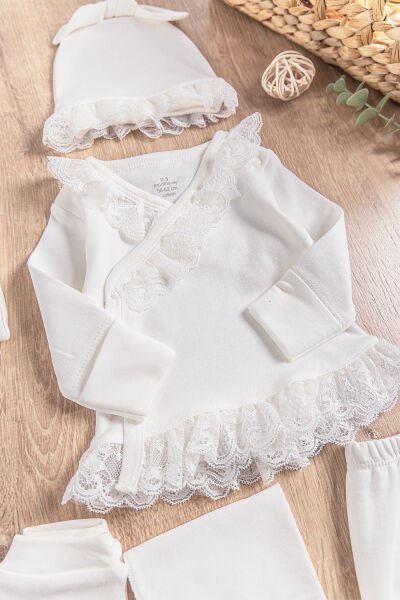Natural Fistolu 10 Parça Kız Bebek Hastane Çıkışı Bebek Takımı KREM -  0-3 AY
