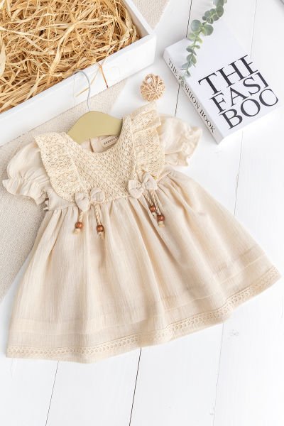 Victoria  Dantelli fiyonklu %100 Pamuk Kız Bebek Elbise Özel Gün Elbise