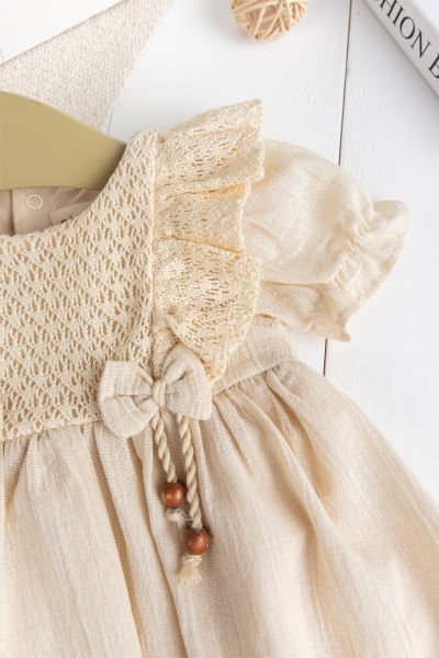 Victoria  Dantelli fiyonklu %100 Pamuk Kız Bebek Elbise Özel Gün Elbise