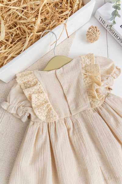 Victoria  Dantelli fiyonklu %100 Pamuk Kız Bebek Elbise Özel Gün Elbise