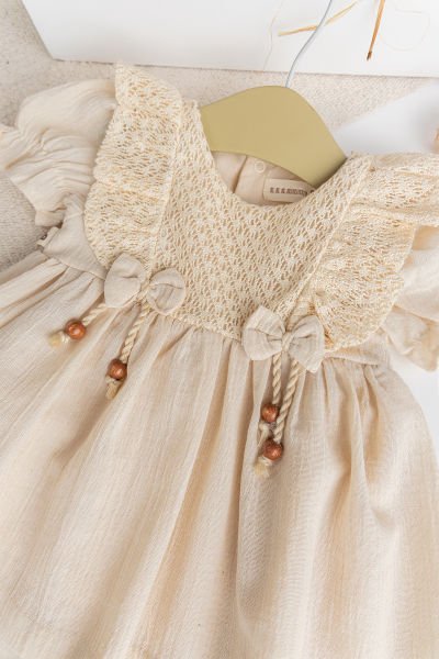 Victoria  Dantelli fiyonklu %100 Pamuk Kız Bebek Elbise Özel Gün Elbise