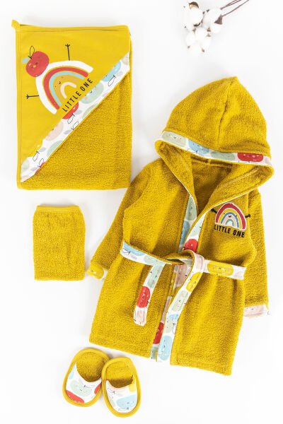 Gökkuşağı Temalı 4 Parça Bebek Havlu Bornoz Seti Hardal Sarısı - 0-18 Ay