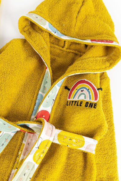 Gökkuşağı Temalı 4 Parça Bebek Havlu Bornoz Seti Hardal Sarısı - 0-18 Ay