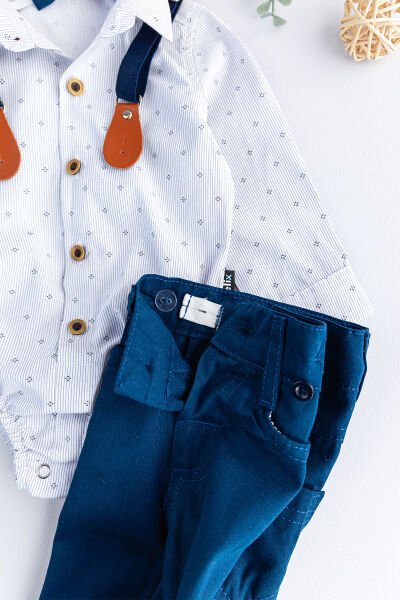 Papyonlu Pantolon Askılı Zıbın Gömlekli Erkek Bebek Takım LACİVERT -  9-12 AY