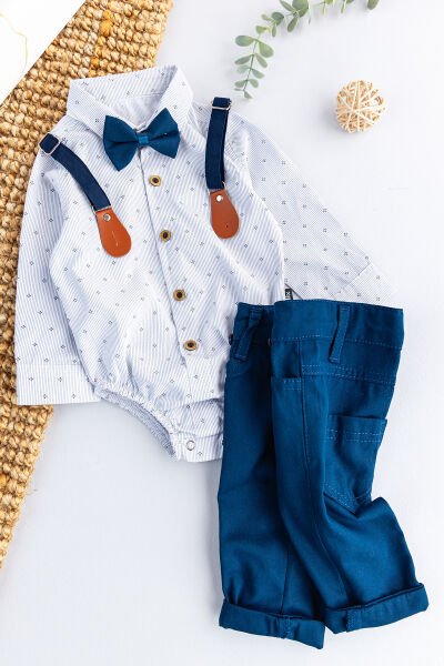 Papyonlu Pantolon Askılı Zıbın Gömlekli Erkek Bebek Takım LACİVERT -  9-12 AY