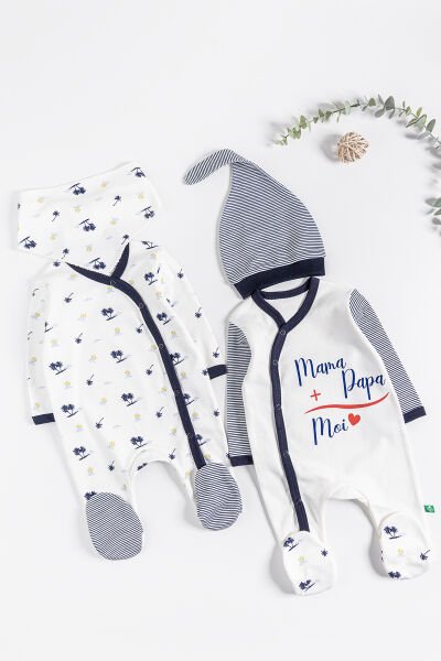 Palmiye Desenli 2'li Uzun Kollu Erkek Bebek Tulum LACİVERT - 3-6 AY