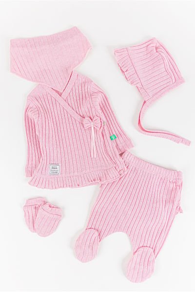 Fırfırlı Fiyonklu 5 Parça Kız Bebek Hastane Çıkışı Bebek Takımı PEMBE - Yeni Doğan