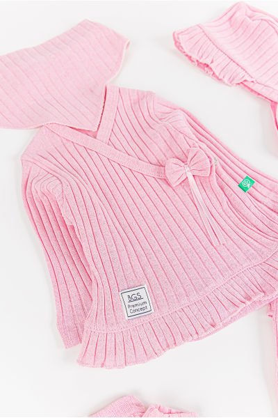 Fırfırlı Fiyonklu 5 Parça Kız Bebek Hastane Çıkışı Bebek Takımı PEMBE - Yeni Doğan