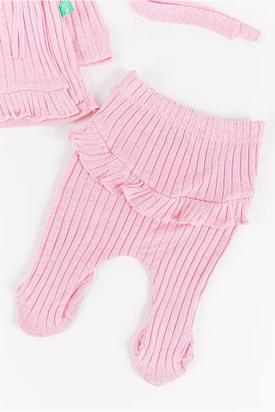 Fırfırlı Fiyonklu 5 Parça Kız Bebek Hastane Çıkışı Bebek Takımı PEMBE - Yeni Doğan