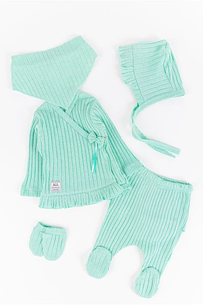 Fırfırlı Fiyonklu 5 Parça Kız Bebek Hastane Çıkışı Bebek Takımı YEŞİL - Yeni Doğan