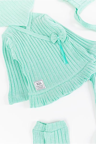 Fırfırlı Fiyonklu 5 Parça Kız Bebek Hastane Çıkışı Bebek Takımı YEŞİL - Yeni Doğan