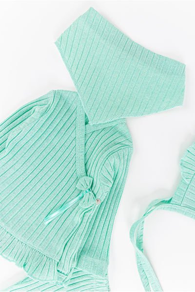 Fırfırlı Fiyonklu 5 Parça Kız Bebek Hastane Çıkışı Bebek Takımı YEŞİL - Yeni Doğan