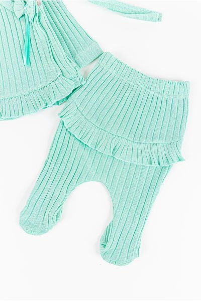 Fırfırlı Fiyonklu 5 Parça Kız Bebek Hastane Çıkışı Bebek Takımı YEŞİL - Yeni Doğan