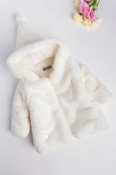 Kapüşonlu Krem Kız Bebek Peluş Mont