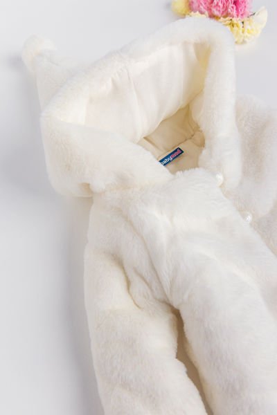 Kapüşonlu Krem Kız Bebek Peluş Mont