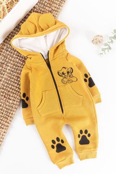 Yavru Aslan Figürlü Kapüşonlu Erkek Bebek Tulum