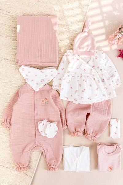 Müslin 100% Pamuk 10'lu Kız Bebek Hastane Çıkışı Yeni Doğan Set