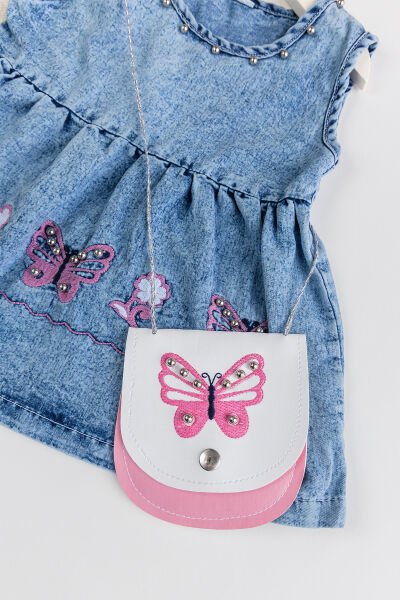 Kelebek İşlemeli Boncuklu Çanta Hediyeli Kız Bebek Kot Elbise Jean Jile