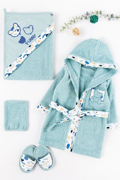 Ayıcık Figürlü 4 Parça Pamuklu Bebek Havlu Bornoz Seti SU YEŞİLİ - 0-18 Ay
