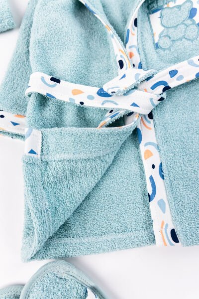 Ayıcık Figürlü 4 Parça Pamuklu Bebek Havlu Bornoz Seti SU YEŞİLİ - 0-18 Ay